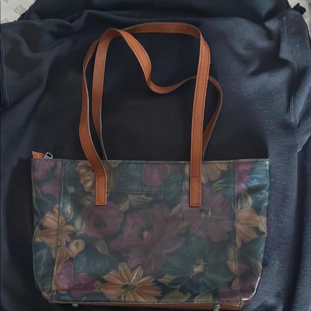 Patricia Nash Brown and Blue Floral Shoulder Bag with Leather Handles